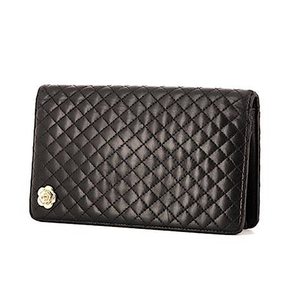 Authentic Chanel Camelia Black Quilted Leather Wallet